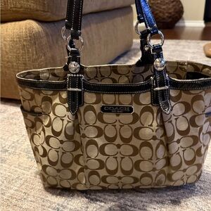 Coach Tan and Black Signature Shoulder Bag